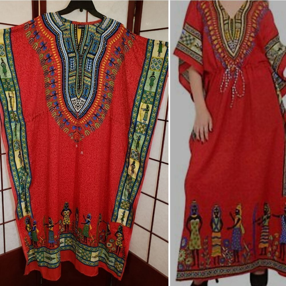 Pacific Glory Free Size Red African Kaftan Maxi Dress